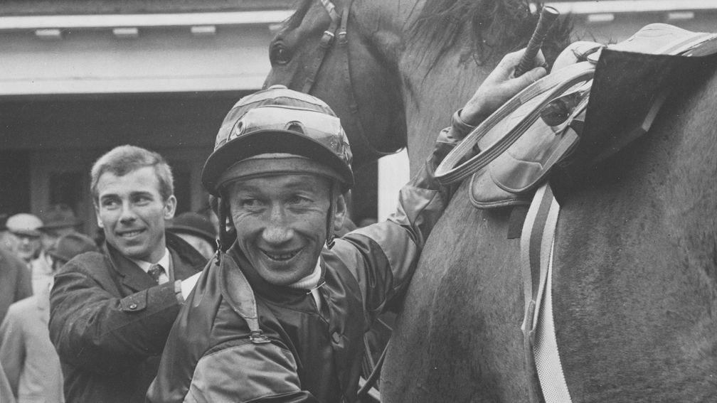 George Moore unsaddles Fleet after winning the 1967 1,000 Guineas at Newmarket