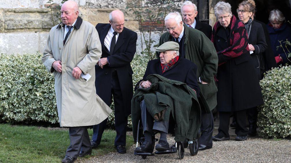 Former trainers Peter Easterby (left) and Bill Haigh (wheelchair) were among the mourners at the funeral of classic winning trainer Bill Elsey