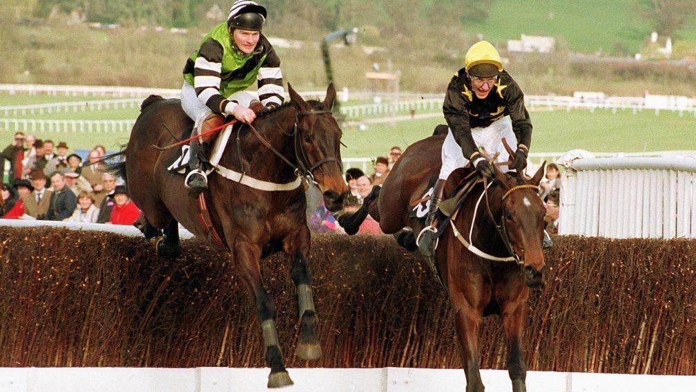 Jodami and Mark Dwyer (left) come to take up the running before winning the 1993 Cheltenham Gold Cup