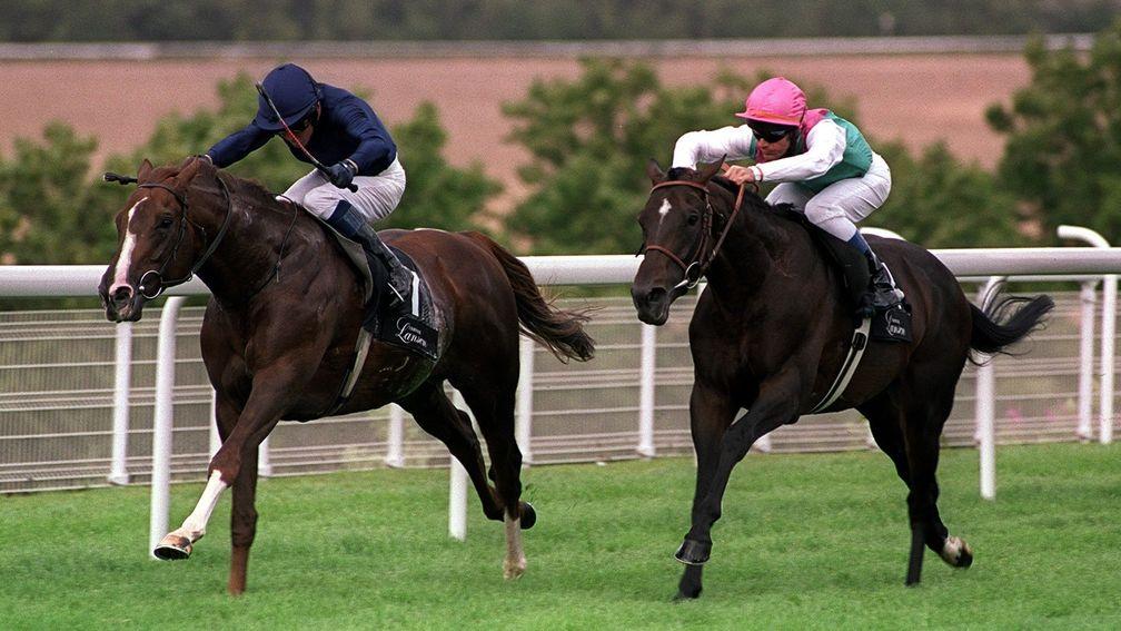 Dansili and Olivier Peslier (right) throw down a challenge to Giant's Causeway in the 2000 Sussex Stakes at Goodwood