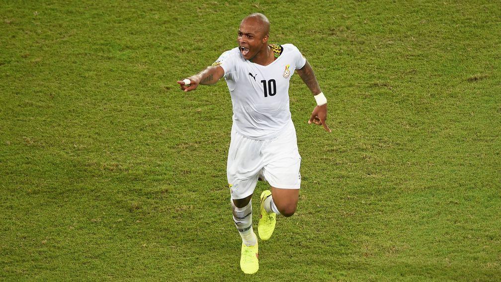 Andre Ayew celebrates scoring for Ghana against the USA at the 2014 World Cup in Brazil