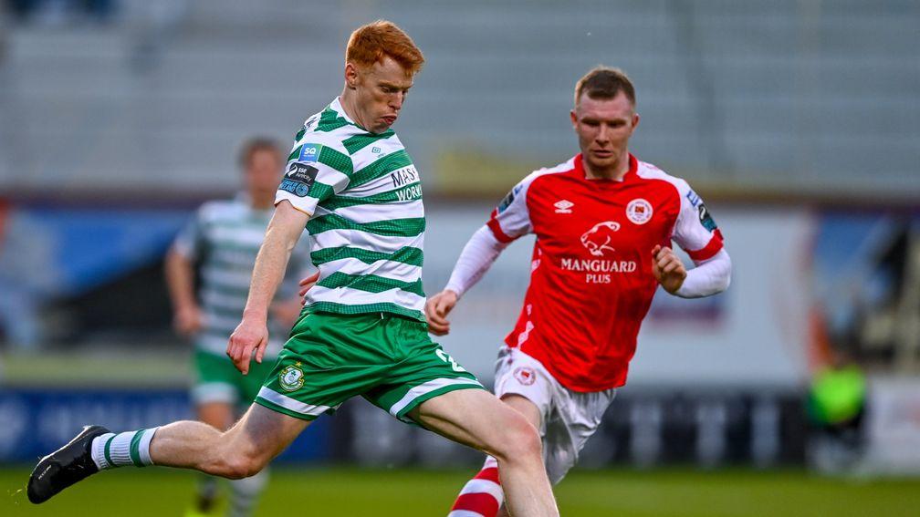 Rory Gaffney (left) of Shamrock Rovers in action against Mark Doyle of St Patrick's Athletic