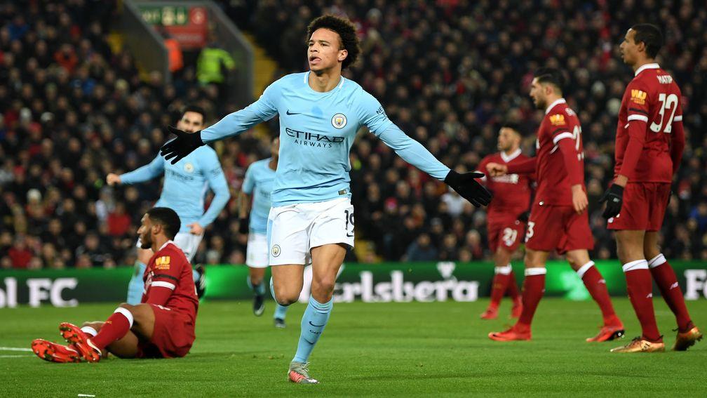Leroy Sane of Manchester City celebrates after scoring against Liverpool