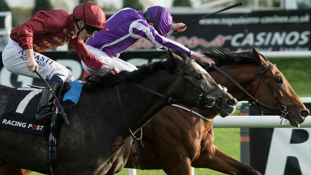 Saxon Warrior (far side) edges out Roaring Lion in the Racing Post Trophy at Doncaster