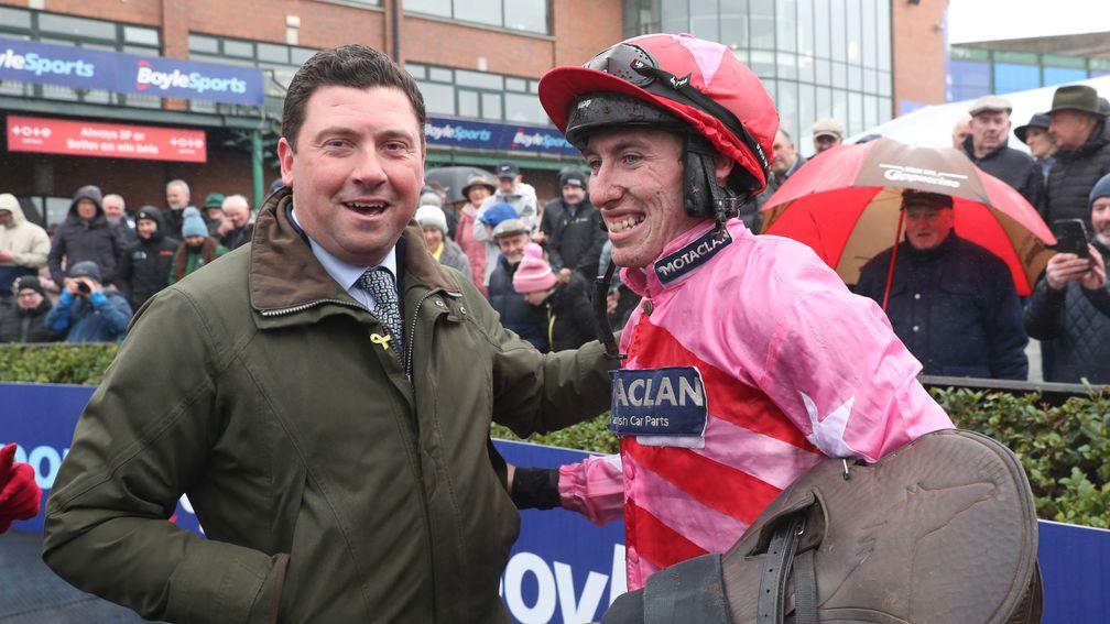 Olly Murphy greets Jack Kennedy after Brewin'upastorm's Fairyhouse success