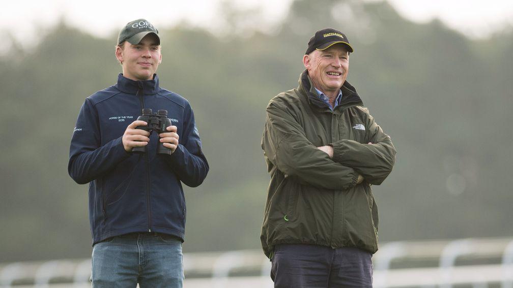 Gosden with his son and pupil assistant Thady on the gallops
