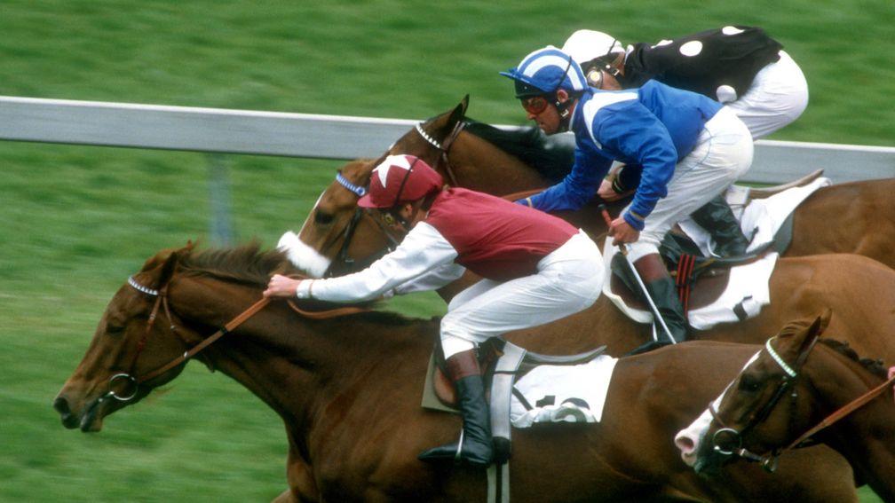 His proudest moment: Cauthen (near side) wins the 1985 1,000 Guineas on Oh So Sharp