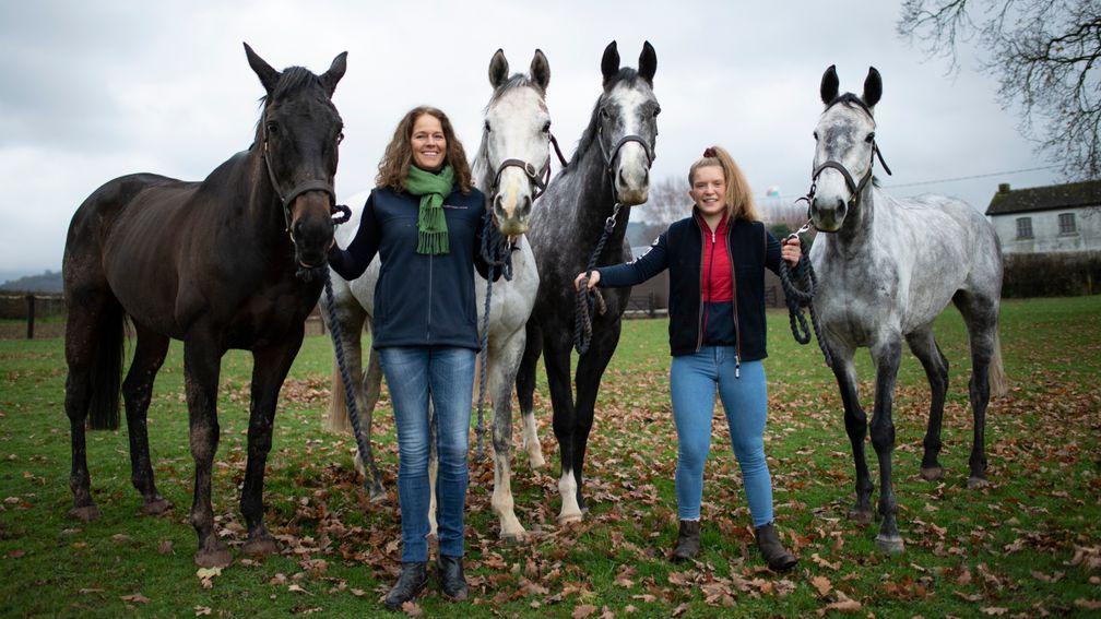 The team of two, trainer Sheila Lewis and amateur jockey Katie Powell  with from left: Stupid Cupid, Volcano, Straw Fan Jack and Cotton End at Oaktree Stables near Brecon, Powys , Wales 30.11.20 Pic: Edward Whitaker