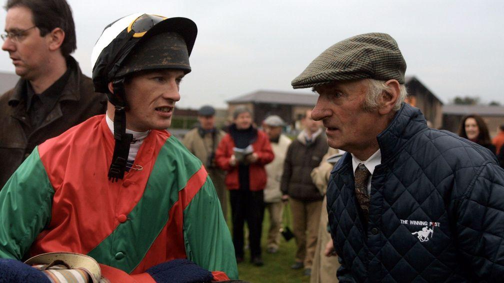 Paul Carberry with James Bowe after Limestone Lad's victory in the 2001 Morgiana Hurdle