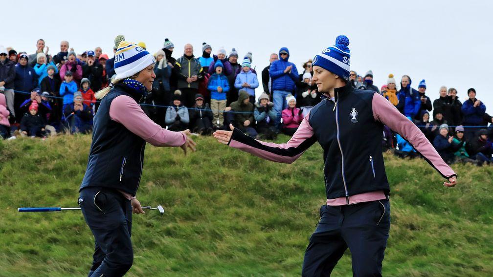 Europe's Anne Van Dam (right) and Suzann Pettersen celebrate during day two of the Solheim Cup at Gleneagles