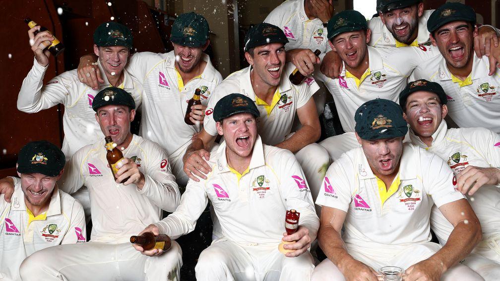 Australia's players celebrate in Sydney after sealing a 4-0 series win in the 2017-18 Ashes