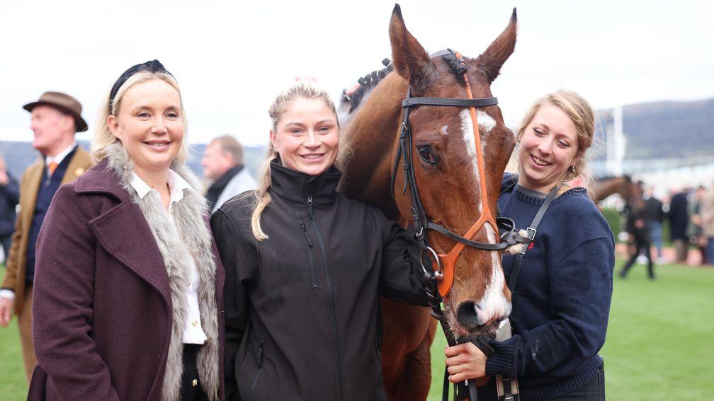Sophie Leech (left) with Madara following his win at Cheltenham in December