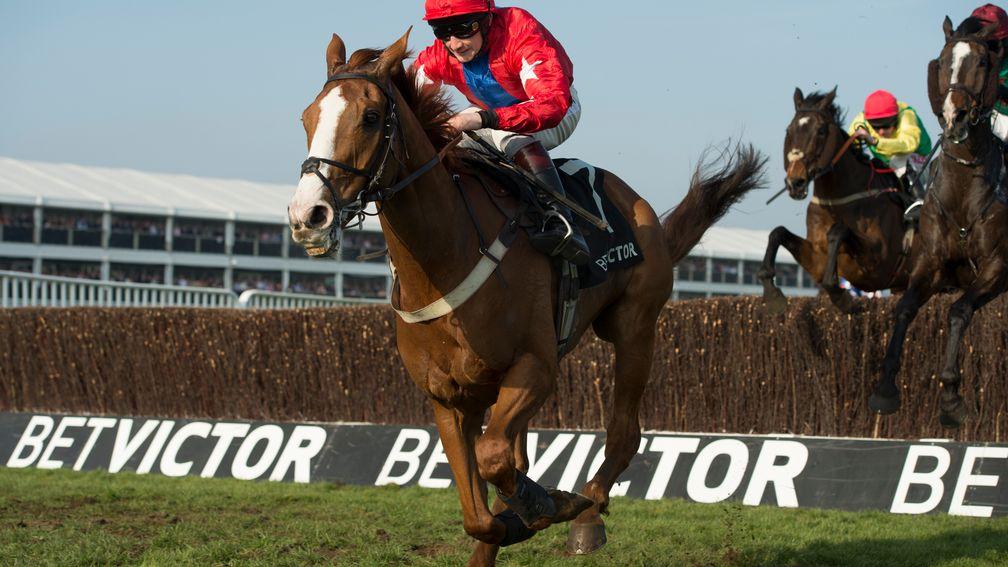 Sire de Grugy and Jamie Moore jump the last in the Queen Mother Champion Chase
