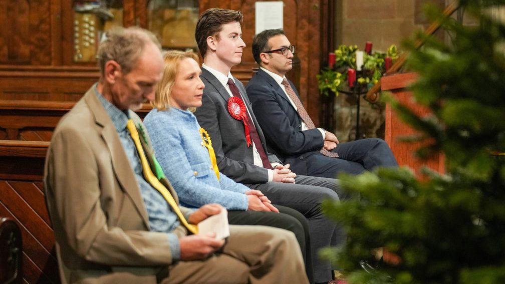 Candidates in the North Shropshire by-election (from left to right), Duncan Kerr, Green Party, Helen Morgan, Liberal Democrats, Ben Wood, Labour and Neil Shastri-Hurst, Conservatives