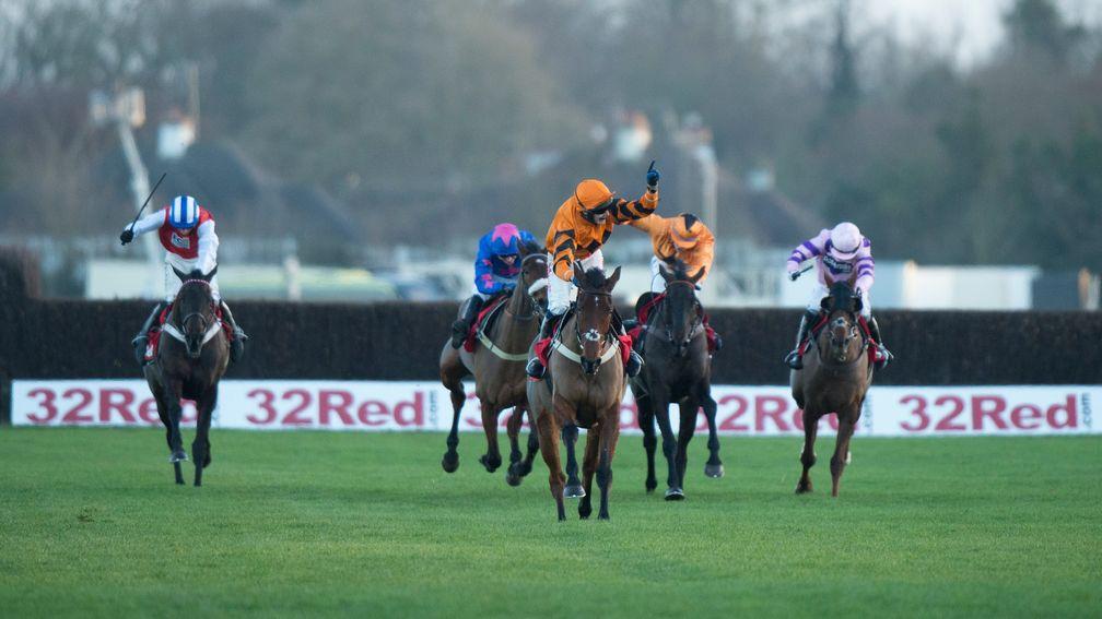 Tom Scudamore celebrates as Thistlecrack eases home clear in the 32Red King George VI Chase at Kempton