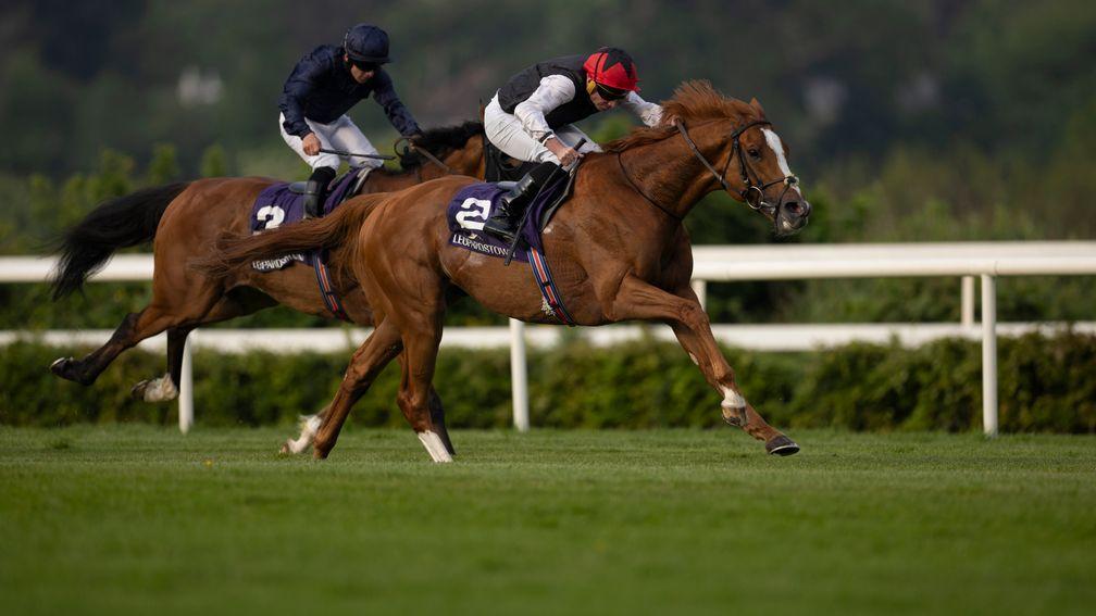 Kyprios and Ryan Moore go past stablemate Queenstown to win the Saval Beg Stakes at Leopardstown