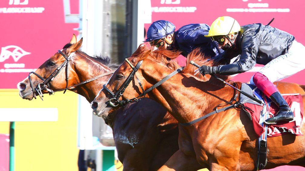 Anthony Van Dyck (far side) beat Stradivarius at Longchamp in September, his first win since last year's Derby