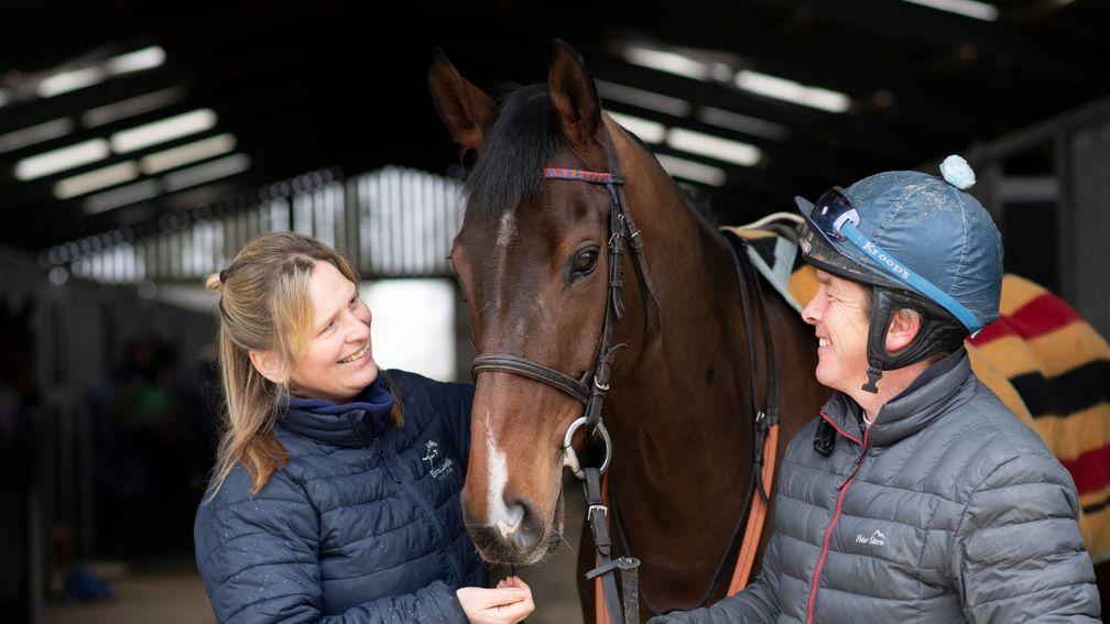 Paisley Park with trainer Emma Lavelle and her husband Barry Fenton at Bonita racing stables near Marlborough 2.3.21Pic: Edward Whitaker