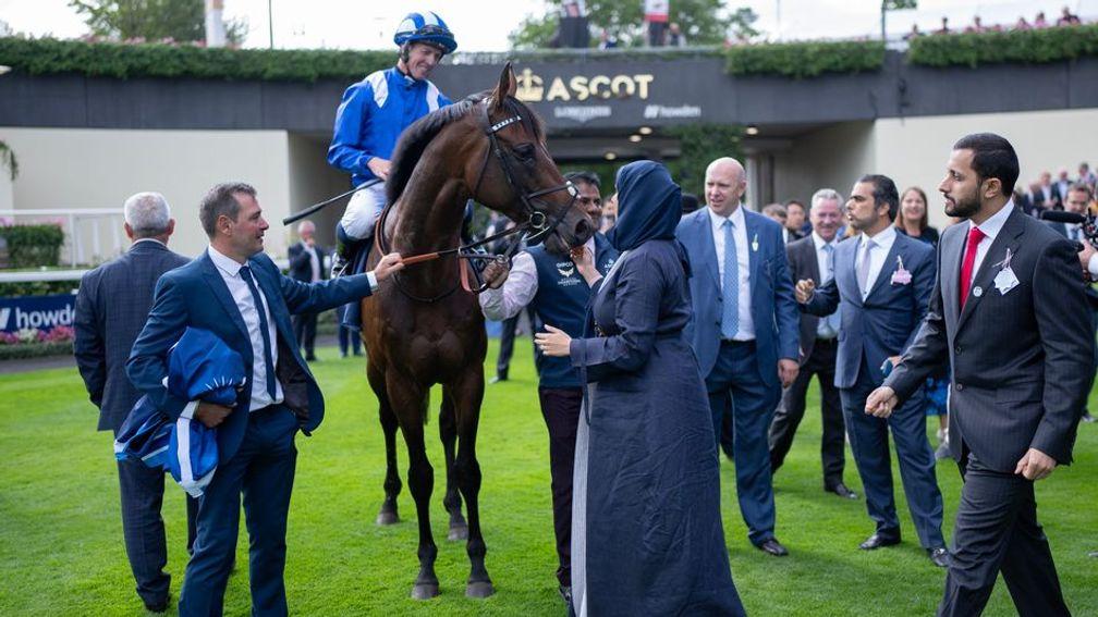 Sheikha Hissa welcomes Hukum and Jim Crowley back into the winner's enclosure at Ascot after their King George victory