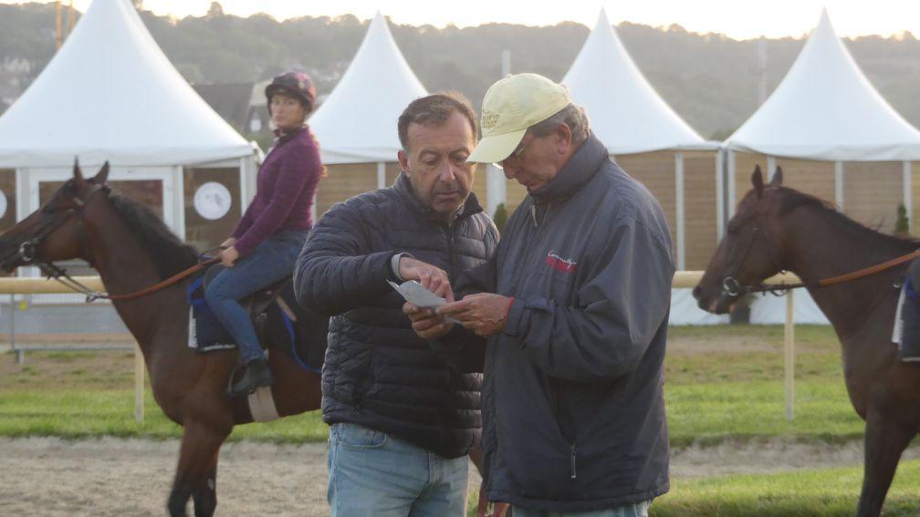 Key lieutenant Jean-Bernard Roth (left) and Jean-Claude Rouget overseeing morning work in Deauville