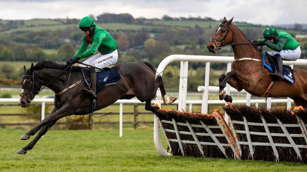 Echoes In Rain clears the last in front of stablemate Blue Lord in the Grade 1 novice hurdle
