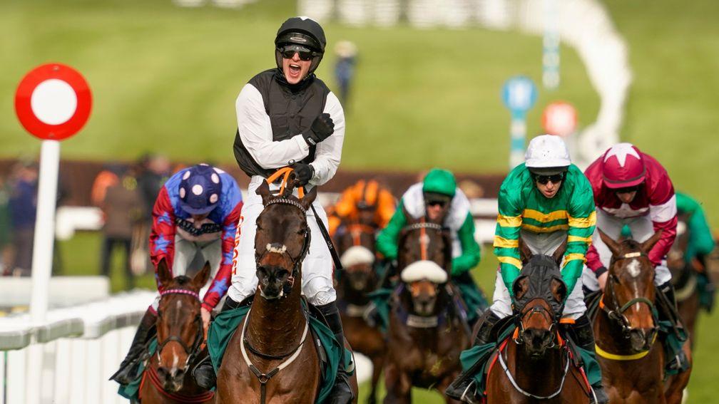 Danny Mullins punches the air after steering Flooring Porter to success in the Paddy Power Stayers' Hurdle at Cheltenham