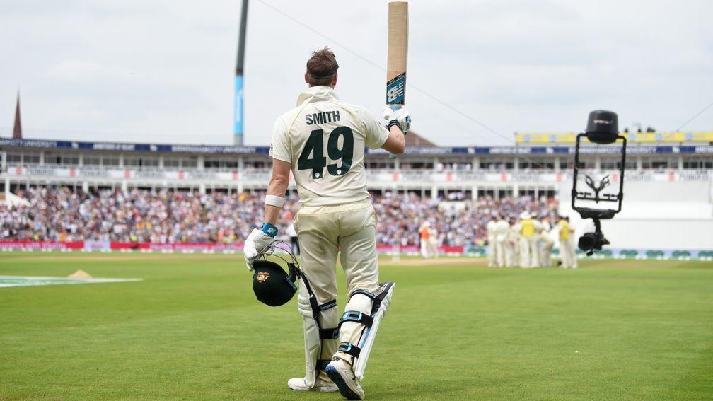 Steve Smith acknowledges the crowd after his second century at Edgbaston