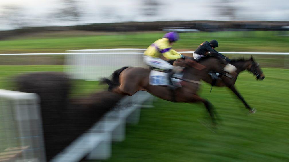 Desirable Court (right), captured jumping at speed at Kempton