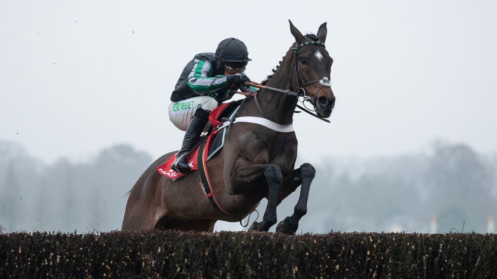 Altior (Nico de Boinville) jumps to the left as he negotiates the last fence when winning the Clarence House ChaseAscot 19.1.19 Pic: Edward Whitaker