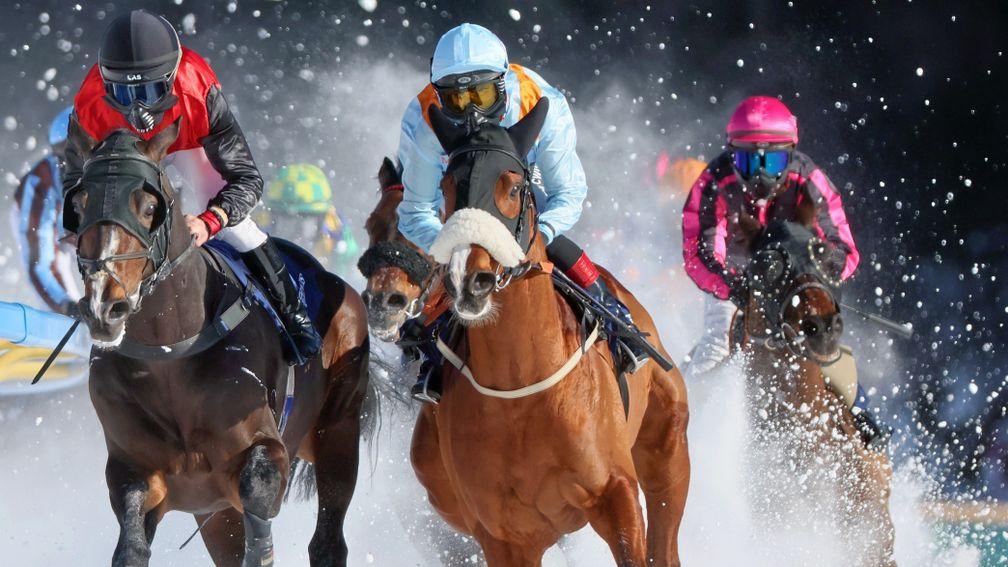 Mordred and Sybille Vogt (pale blue silks) on their way to a second successive win in St Moritz