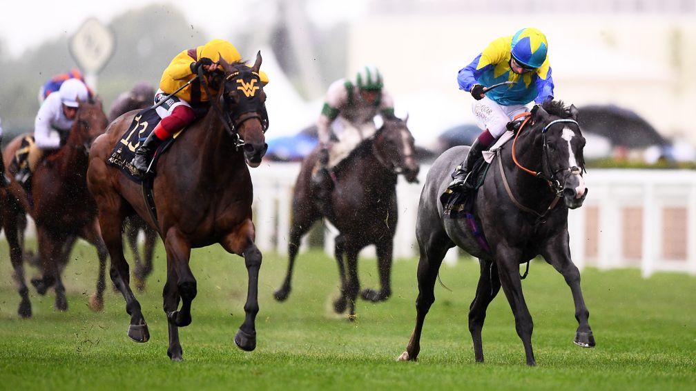 Dragon Symbol (right) finishes in front of Campanelle in the Commonwealth Cup at Royal Ascot before being demoted to second