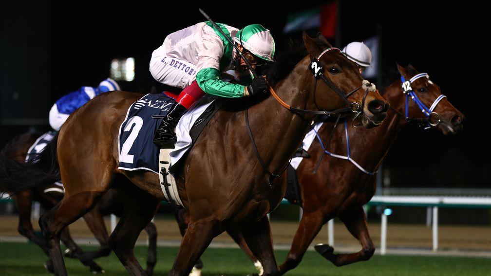 DUBAI, UNITED ARAB EMIRATES - JANUARY 21: Frankie Dettori riding Equilateral wins the Dubai Dash during the Dubai World Cup Carnival Races at the Meydan Racecourse on January 21, 2021 in Dubai, United Arab Emirates. (Photo by Francois Nel/Getty Images)