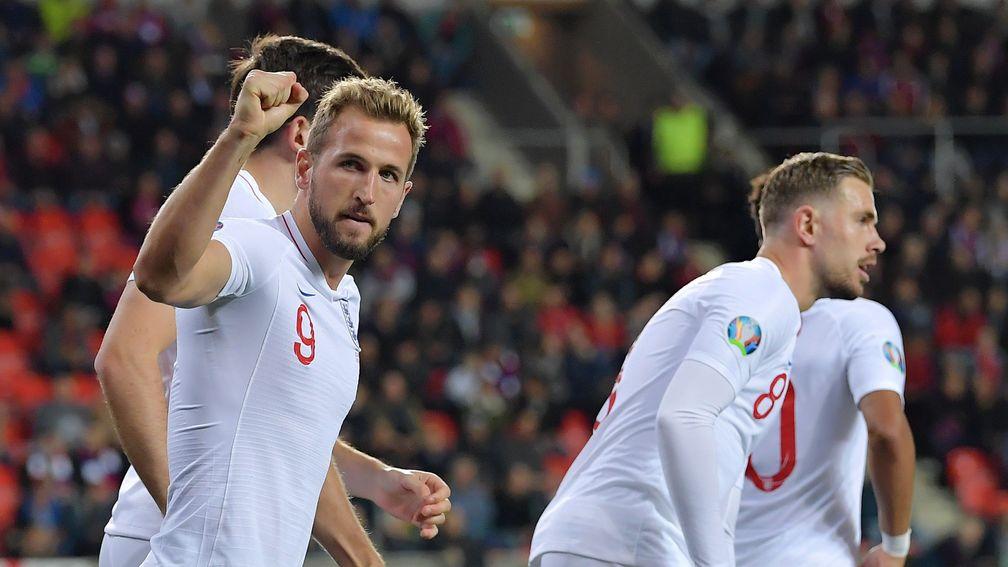 Harry Kane of England celebrates scoring a penalty against Czech Republic