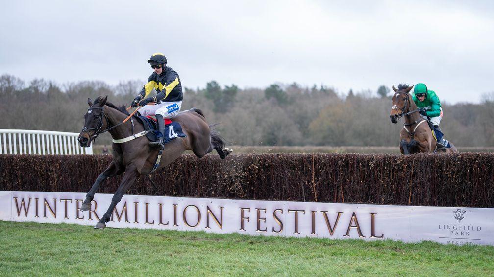 JPR One jumps the last fence and beats Matata in the Lightning Novices' Chase