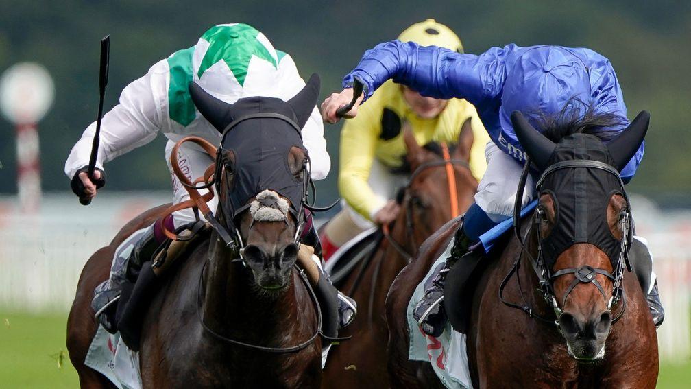 DONCASTER, ENGLAND - SEPTEMBER 10: William Buick riding Noble Truth (blue) win The Cazoo Flying Scotsman Stakes from Oisin Murphy and Hoo Ya Mal (white) at Doncaster Racecourse on September 10, 2021 in Doncaster, England. (Photo by Alan Crowhurst/Getty Im