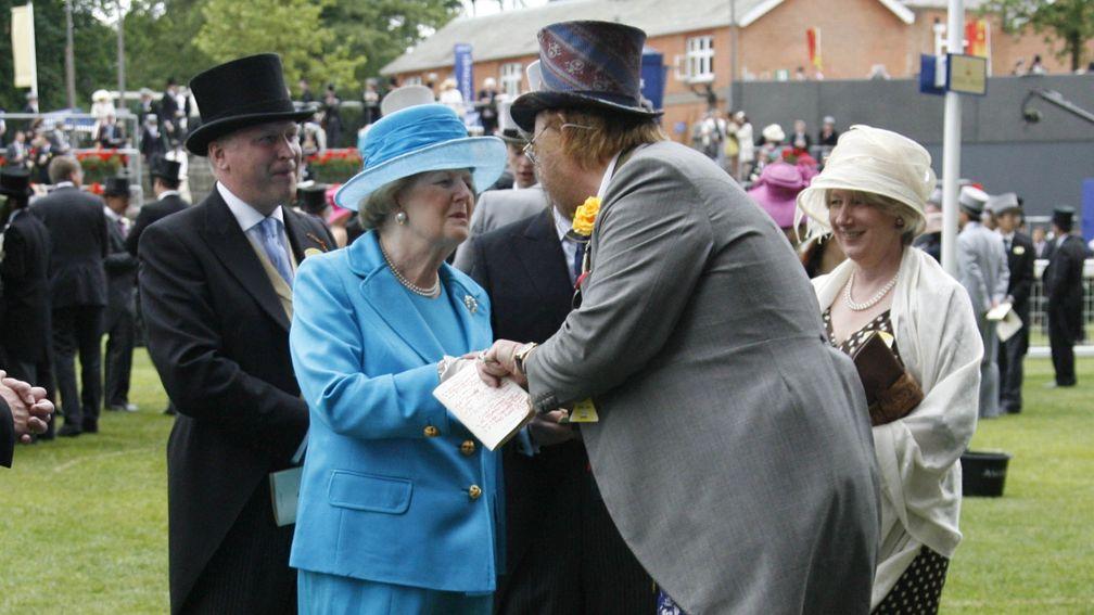 John McCririck meets former Conservative prime minister Margaret Thatcher at Royal Ascot in 2008