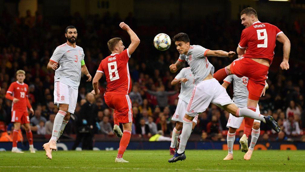 Sam Vokes scores Wales's consolation goal in their 4-1 home defeat to Spain