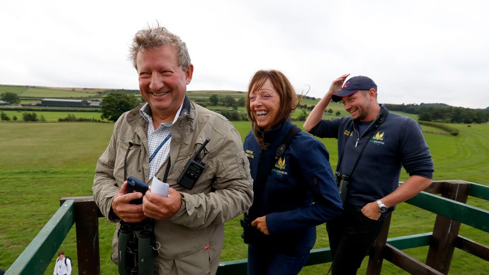 Charlie Johnston on the Middleham gallops with father Mark and mother Deirdre