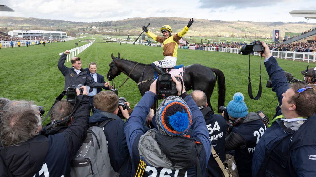 The winning shot: Galopin Des Champs and Paul Townend are mobbed after the Gold Cup