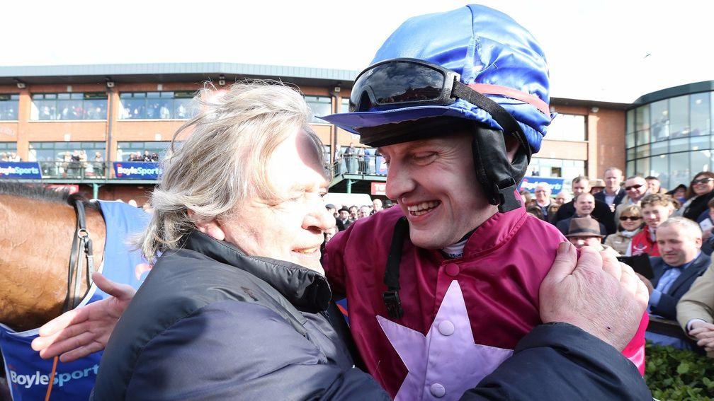 Scenes of emotion: Mouse Morris with Ger Fox after the 2016 Irish Grand National triumph with Rogue Angel