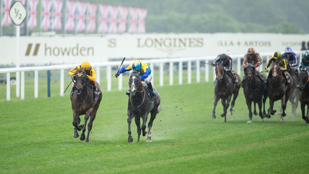 Dragon Symbol (blue and yellow silks) is a leading contender for the July Cup