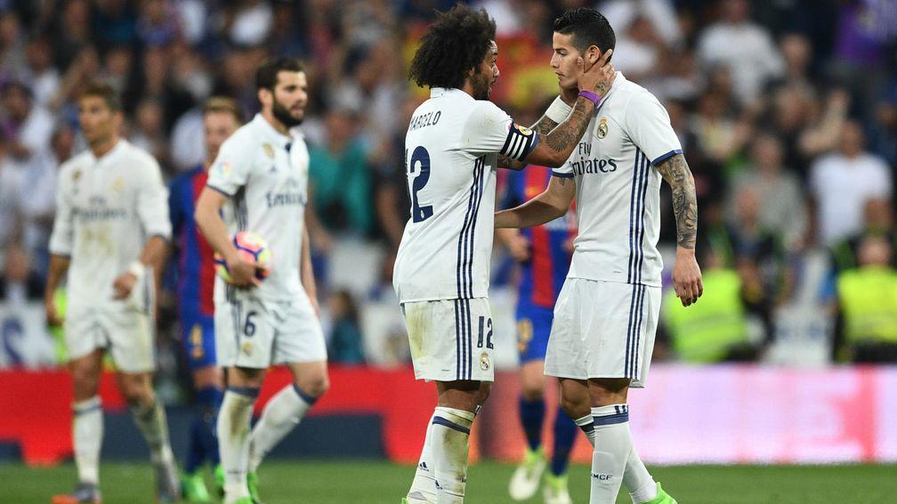 Real Madrid celebrate a James Rodriguez goal