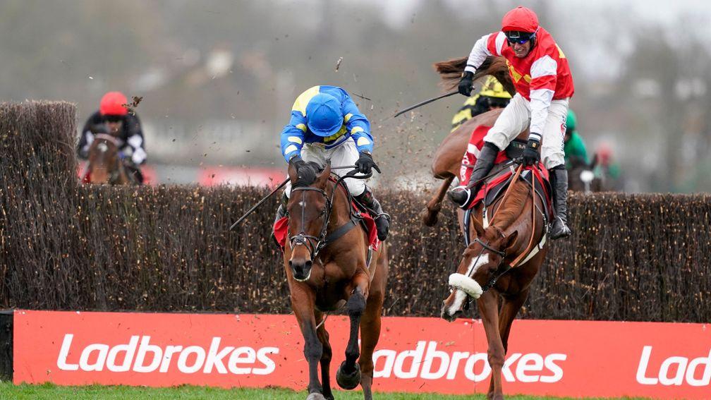 SUNBURY, ENGLAND - DECEMBER 26: Harry Skelton riding Shan Blue clear the last to win The Ladbrokes Kauto Star Novices' Chase as Robbie Power riding The BIg Breakaway blunder at Kempton Park Racecourse on December 26, 2020 in Sunbury, England. Owners are a