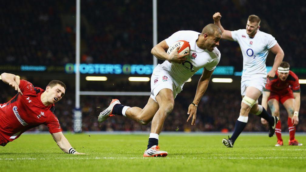 Jonathan Joseph of England scores a try against Wales in the 2015 Six Nations