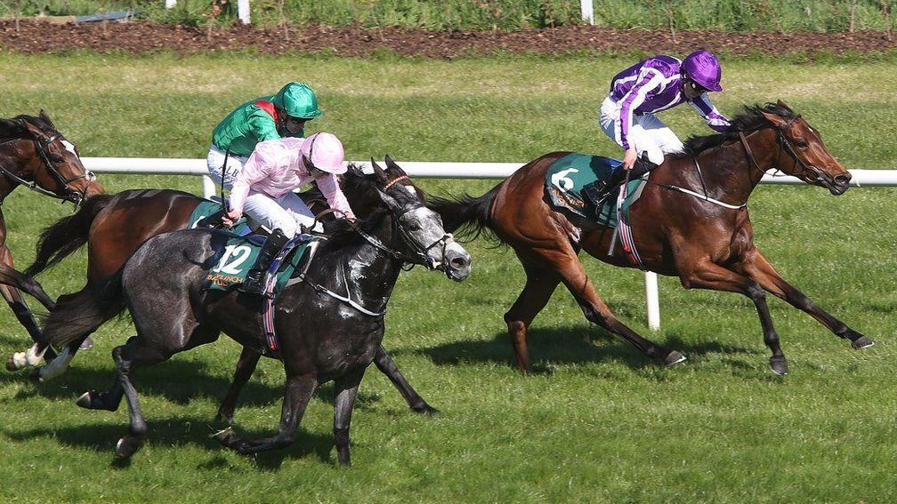 Winter (pink) chases home Hydrangea in the 1,000 Guineas Trial at Leopardstown