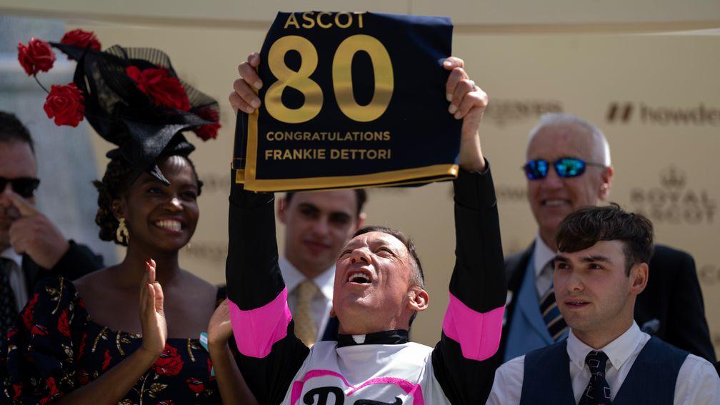 Frankie Dettori celebrates his 80th Royal Ascot winner