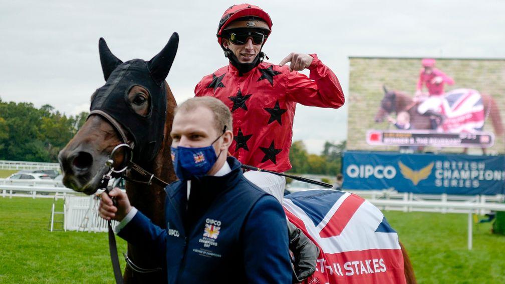 ASCOT, ENGLAND - OCTOBER 17: Pierre-Charles Boudot after riding The Revenant to win The Queen Elizabeth II Stakes during the Qipco British Champions Day at Ascot Racecourse on October 17, 2020 in Ascot, England. Owners are allowed to attend if they have a
