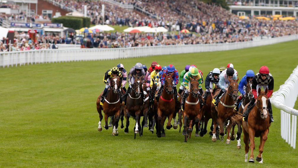 Sands Of Fortune leads the field away from the stands in the 2015 Goodwood Stakes