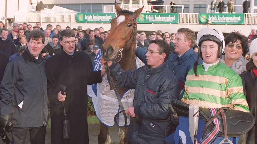 Winning connections (from left: JP McManus, Aidan O'Brien, Davy Clifford, Pat Keating, Charlie Swan and Noreen McManus) after Istabraq's Irish Champion Hurdle win in January 1998