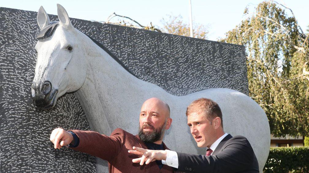 Sculptor Simon Carman, who created the likeness, with the Irish National Stud's Cathal Beale